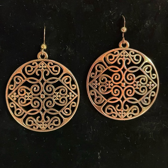 2” round solid brass filigree dangle drop earrings on wires - Picture 1 of 12